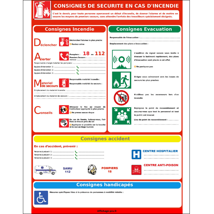 Affichage consignes de sécurité incendie