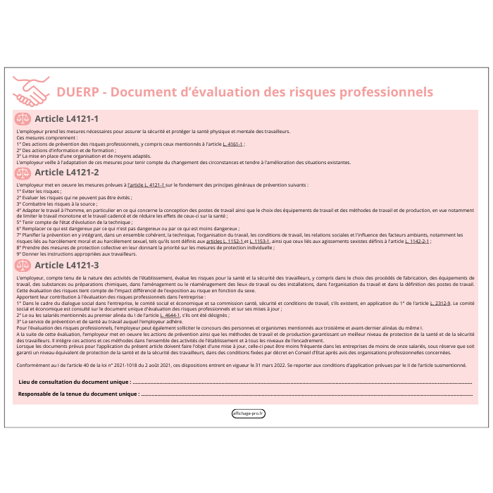 Affichage document unique d évaluation des risques professionnels