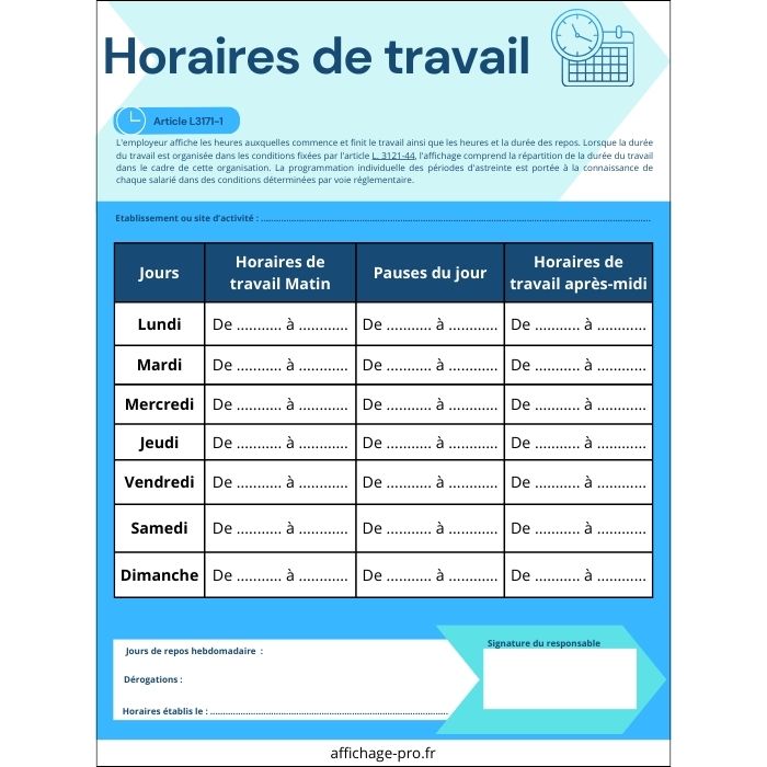 Affichage Horaire de Travail Conforme - Clarté et Conformité