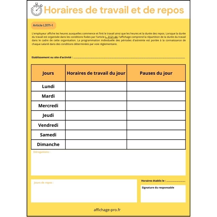 Affichage Horaire de Travail Standard - Modèle orange