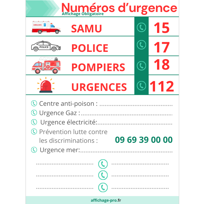 Affichage obligatoire numéros d'urgence