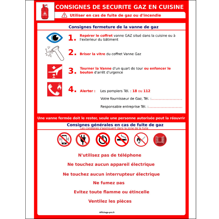 Affichage consignes de sécurité gaz en cuisine