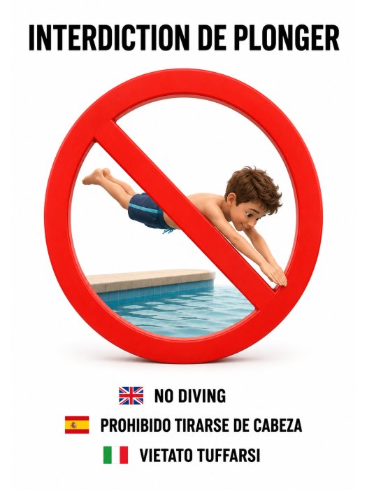 Affiche d'interdiction de plonger multilingue – Piscine