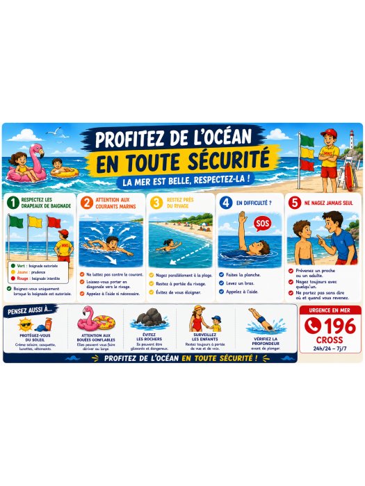 Affiche de sécurité aquatique « Profitez de l'océan en toute sécurité »