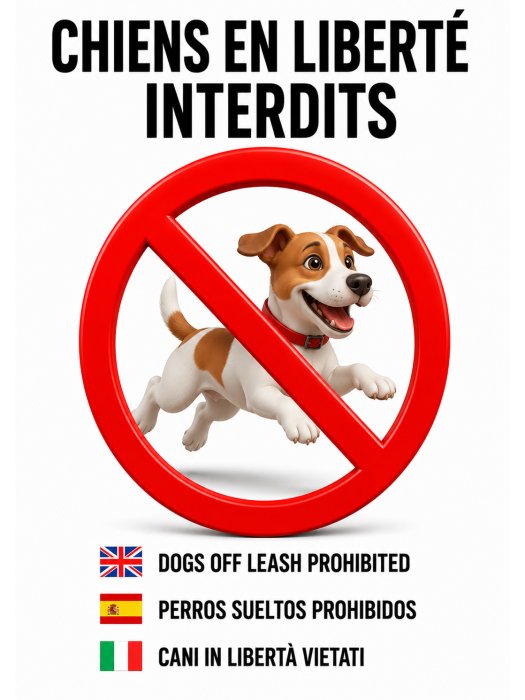 Panneau « Chiens en liberté interdits » – Multilingue (FR/EN/ES/IT)