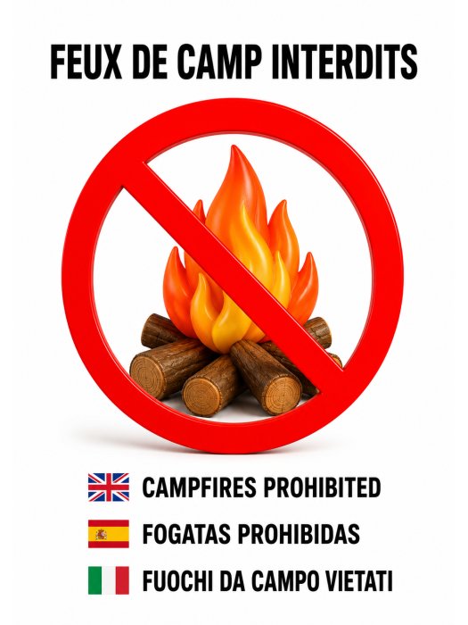 Panneau « Feux de camp interdits » – Signalétique multilingue A4