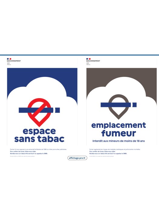 Lot de 2 affiches obligation « Espace sans tabac » et « Emplacement fumeur »