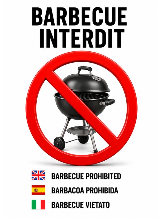 Panneau d'interdiction « Barbecue interdit » – Multilingue (FR/EN/ES)