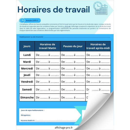 Affichage Horaire de Travail Format autocollant A4 ou A3
