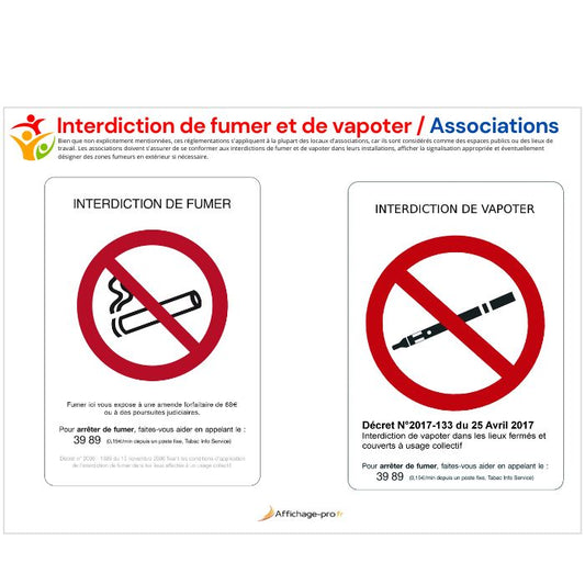 Affichage Obligatoire Interdiction de Fumer et Vapoter pour Associations