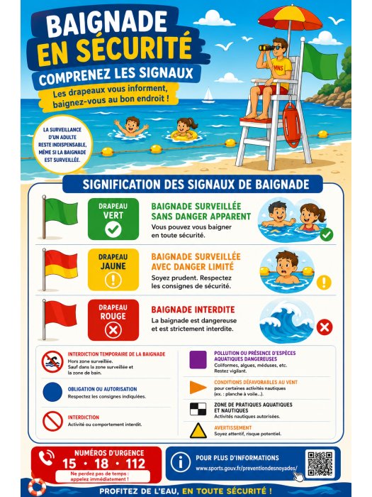 Affiche Baignade en Sécurité - Signalisation des drapeaux de plage