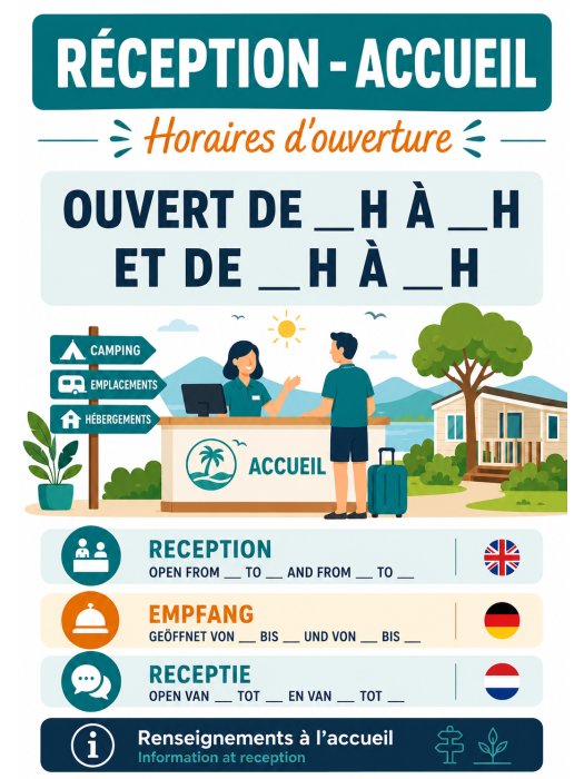 Affiche Réception-Accueil « Horaires d'ouverture » – Multilingue (FR/EN/DE/NL)