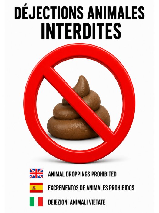 Affiche « Déjections animales interdites » - Multilingue (FR/EN/ES/IT)